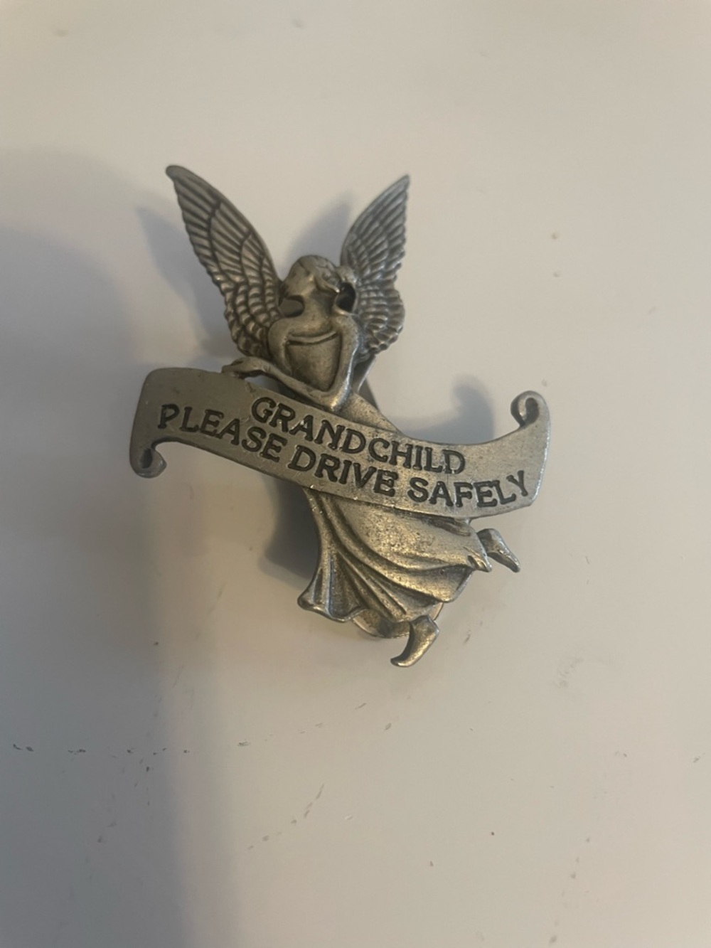 Silver Angel Visor Clip- 'Grandchild Please Drive Safely'